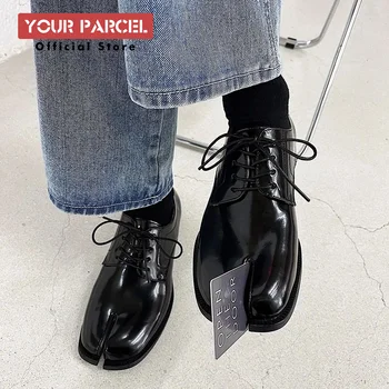 Horseshoe split toe couple leather shoes, Tabi shoes square toe cap unisex original design new Korean personality trend