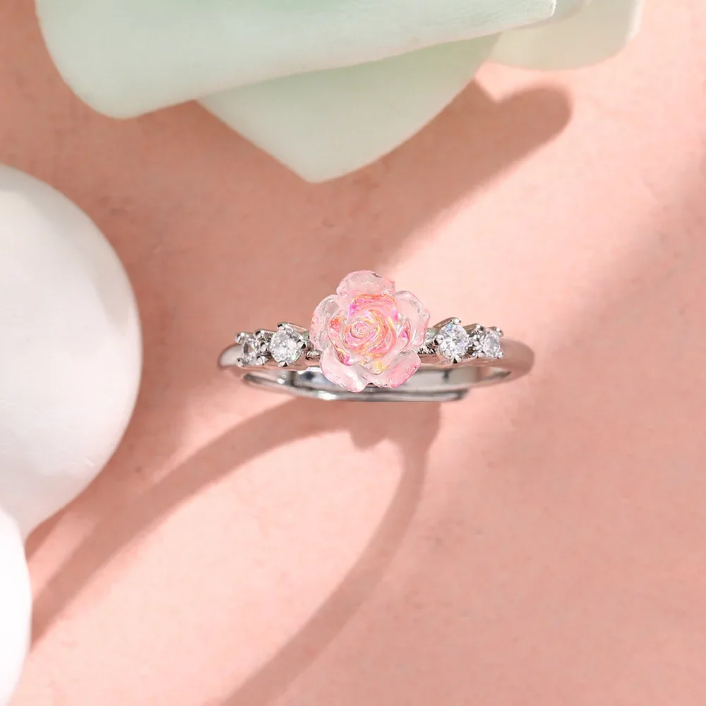 PONYKISS 925 Sterling Silver Pink Zircon Rose Flower Adjustable Rings for Women Cute Plant Fine Jewelry Minimalist Accessories