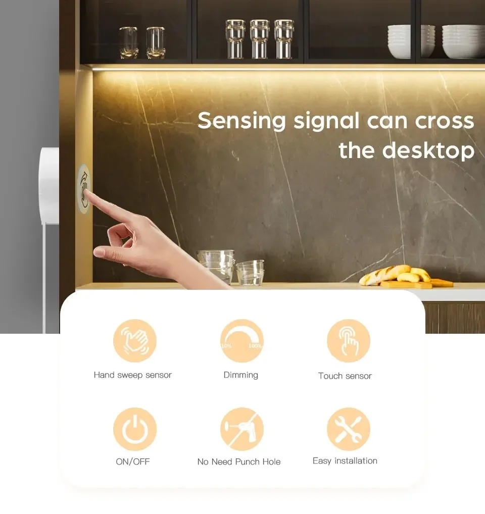 Description Picture 2 of itemDimmable USB 5V LED Under Cabinet Light COB Strip With Penetrable Wood Mirror Hand Scan Touch Sensor Switch DIY Kitchen Lighting