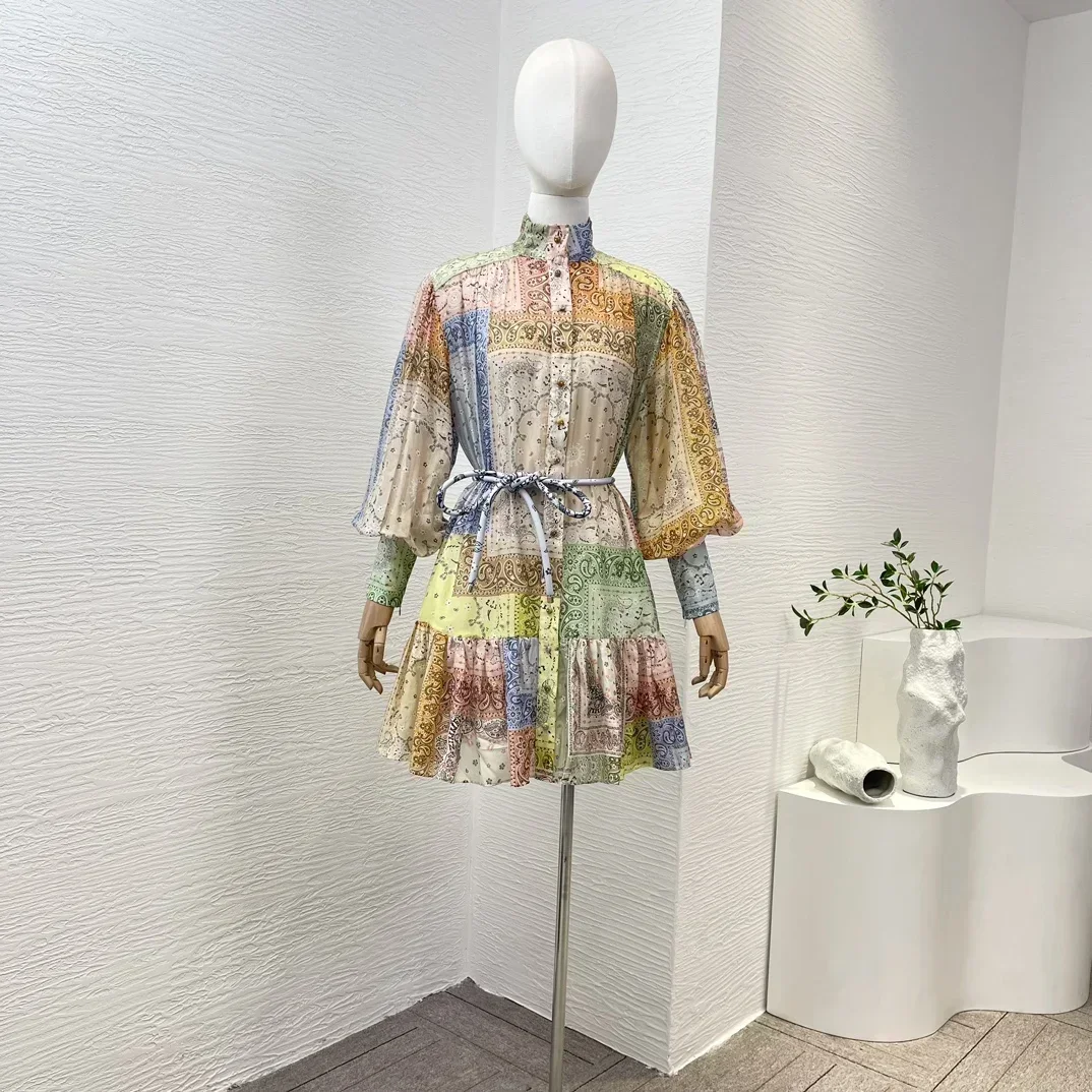 

Paisley Cotton Silk Top Quality 2023 New Women Fashion Clothing Collection Multi-color Lantern Sleeve Frill Lace-up Mini Dress