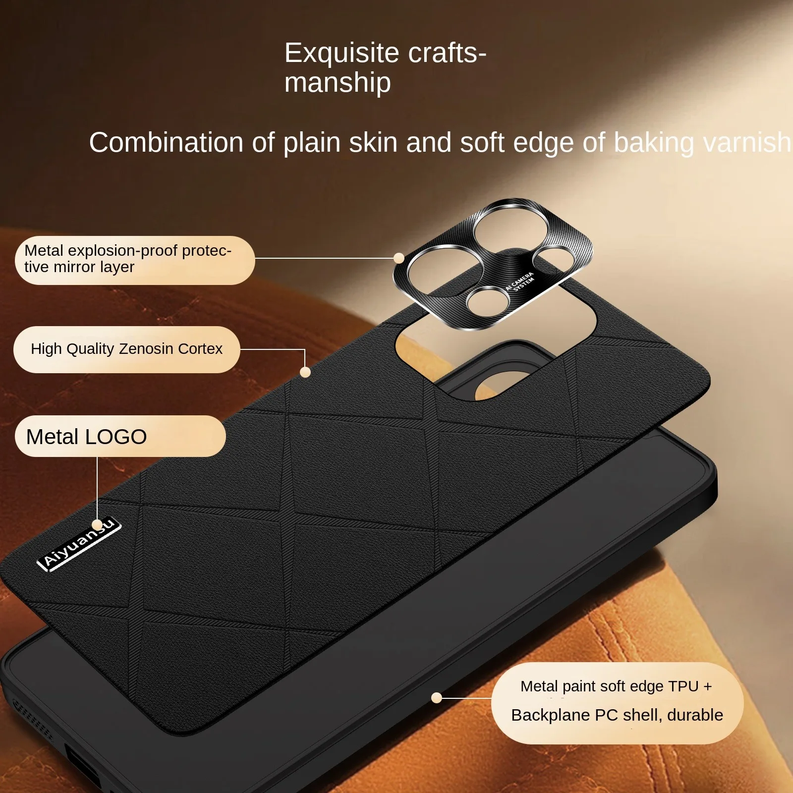 High-Luxury Vegan Leather Metal Lens Protection Anti-Drop Anti-Fingerprint Phone Case
