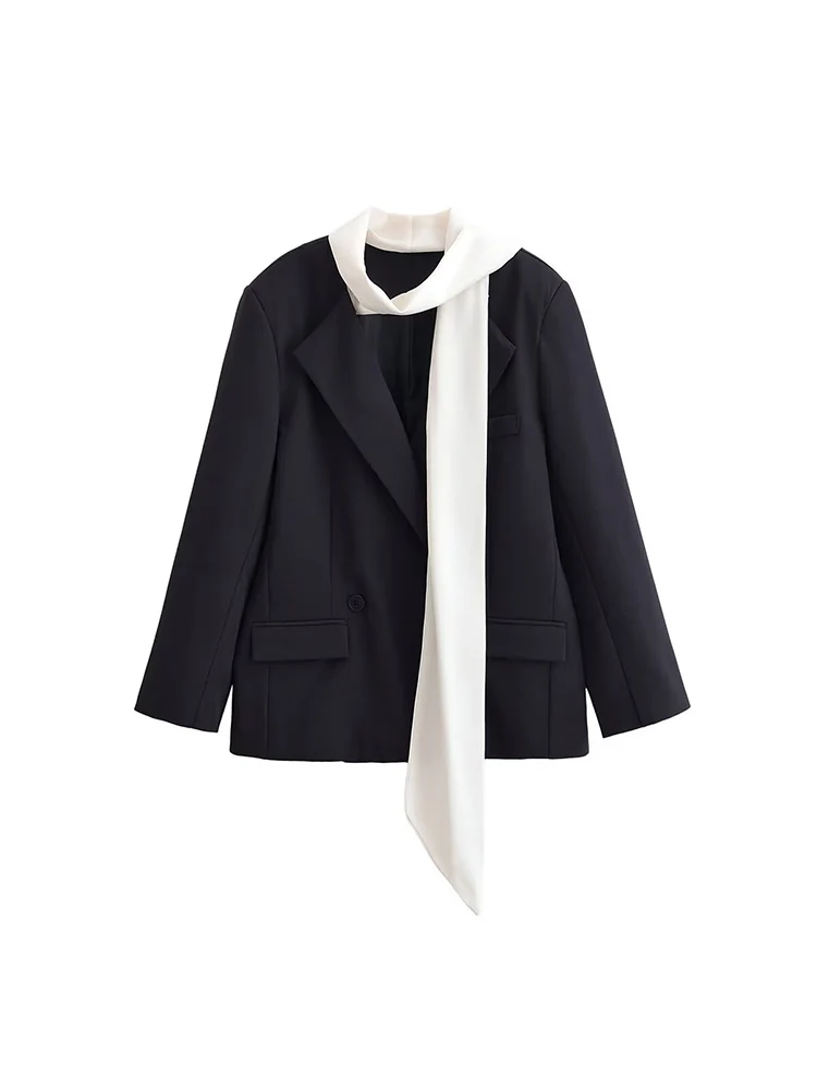 Spring New Women Elegant Blazer Fashion Scarf Collar Long Sleeve Button Up Black Whiter Contrast Color SuitJacket Fashion Loose