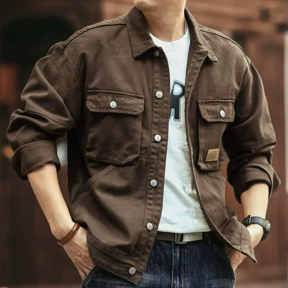 Denim Cargo Jacket - Plus Size Men's Oversize Casual Coat With Turn-Down Collar
