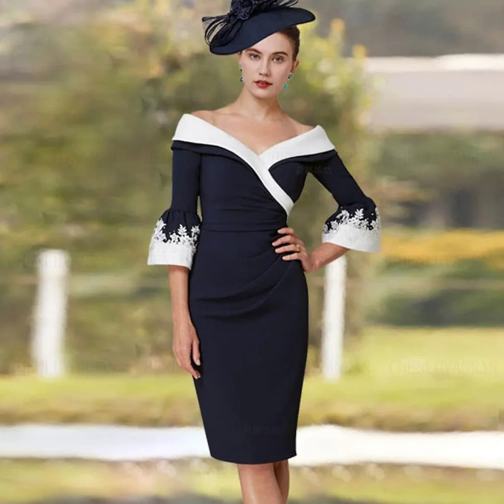 

Sexy Mother of the Bride Dresses 2023 V-Neck Applique Sheath Wedding Party Gowns Knee-Length 3/4 Sleeves Elegant Dress For Women
