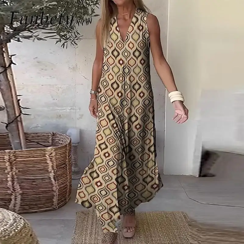 

Женское прямое длинное платье с принтом, элегантное модное платье с V-образным вырезом, женское сексуальное свободное пляжное платье без рукавов в стиле бохо