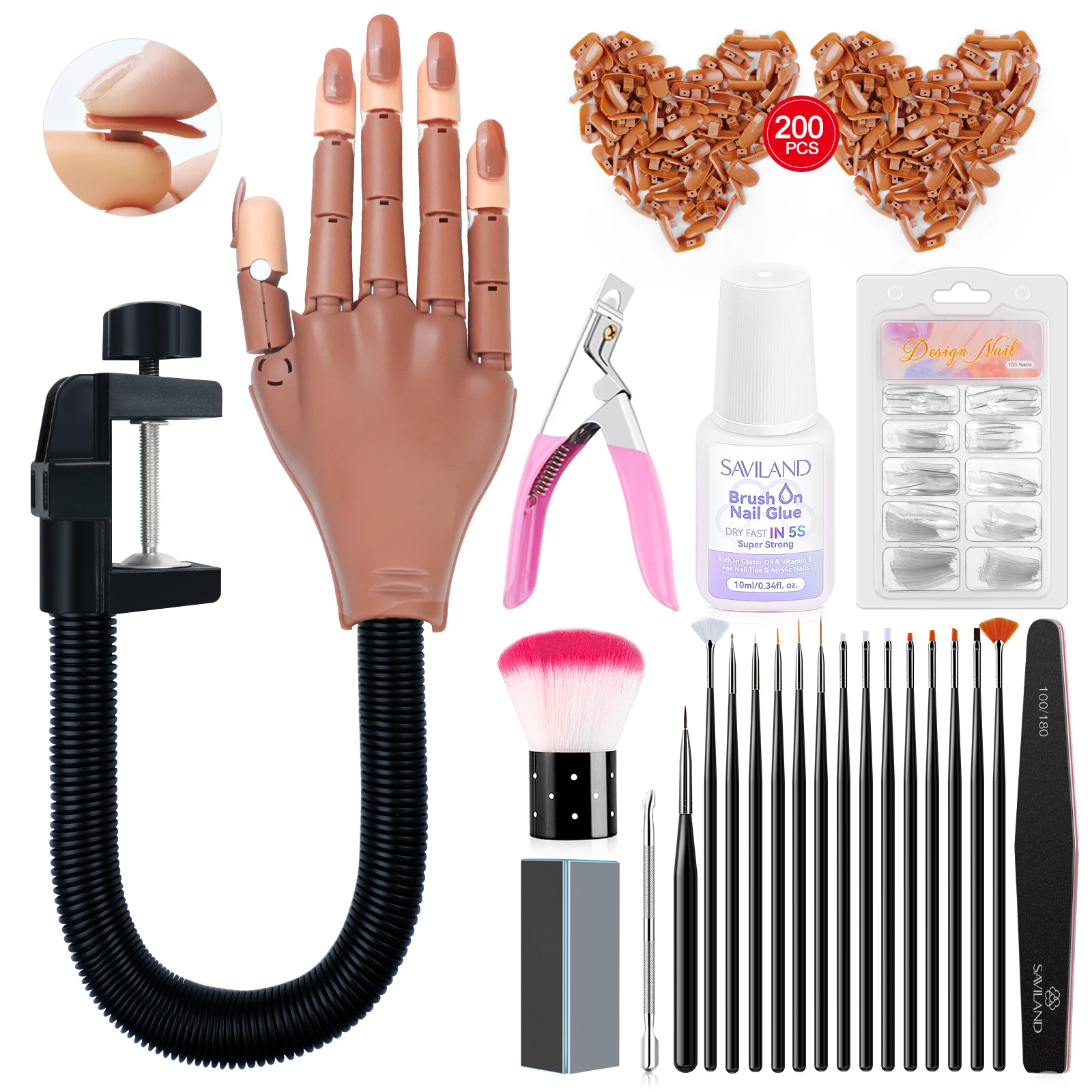 thumbnail image 1 of Saviland - Juego de manos para práctica de uñas, kit profesional para entrenamiento de uñas con 200 puntas de uñas, pegamento, cepillo y cortaúñas para principiantes, 1 of 4