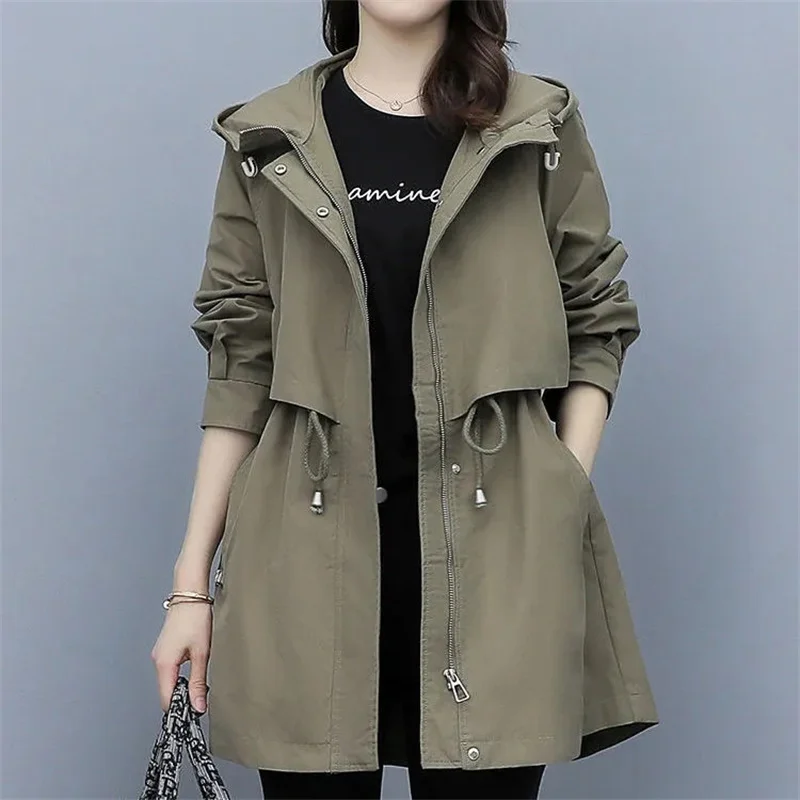 

Spring Autumn 2023 Women Mid-length Trench Coat Hooded Zipper Jackets British Style Loose Coats Women's Clothing Gabardina Mujer