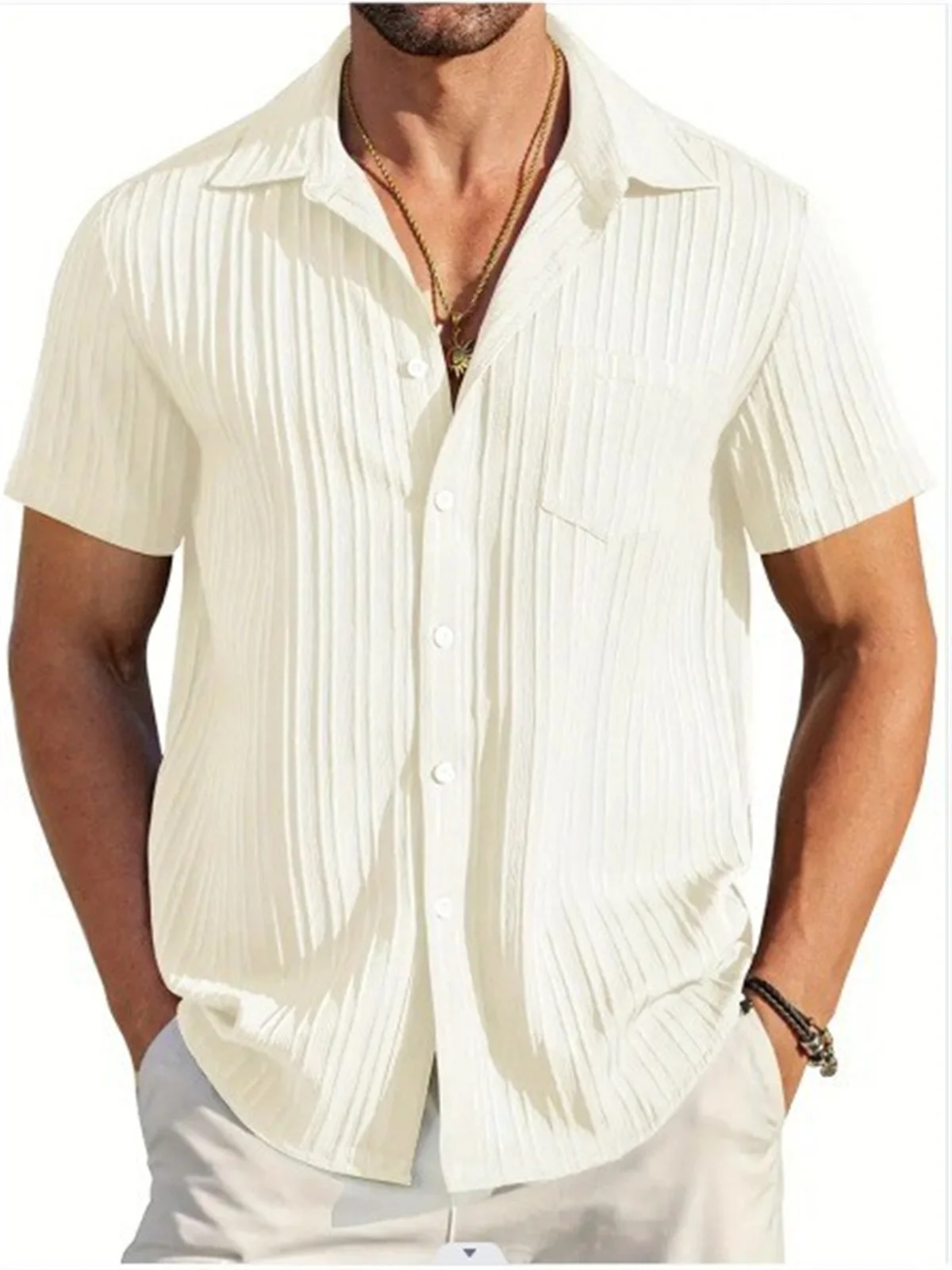 Summer Hawaii Beach Vacation Travel High-end Simple Solid Color Chest Pocket Jacquard Craft Trend Men's Beach Casual Shirt 5