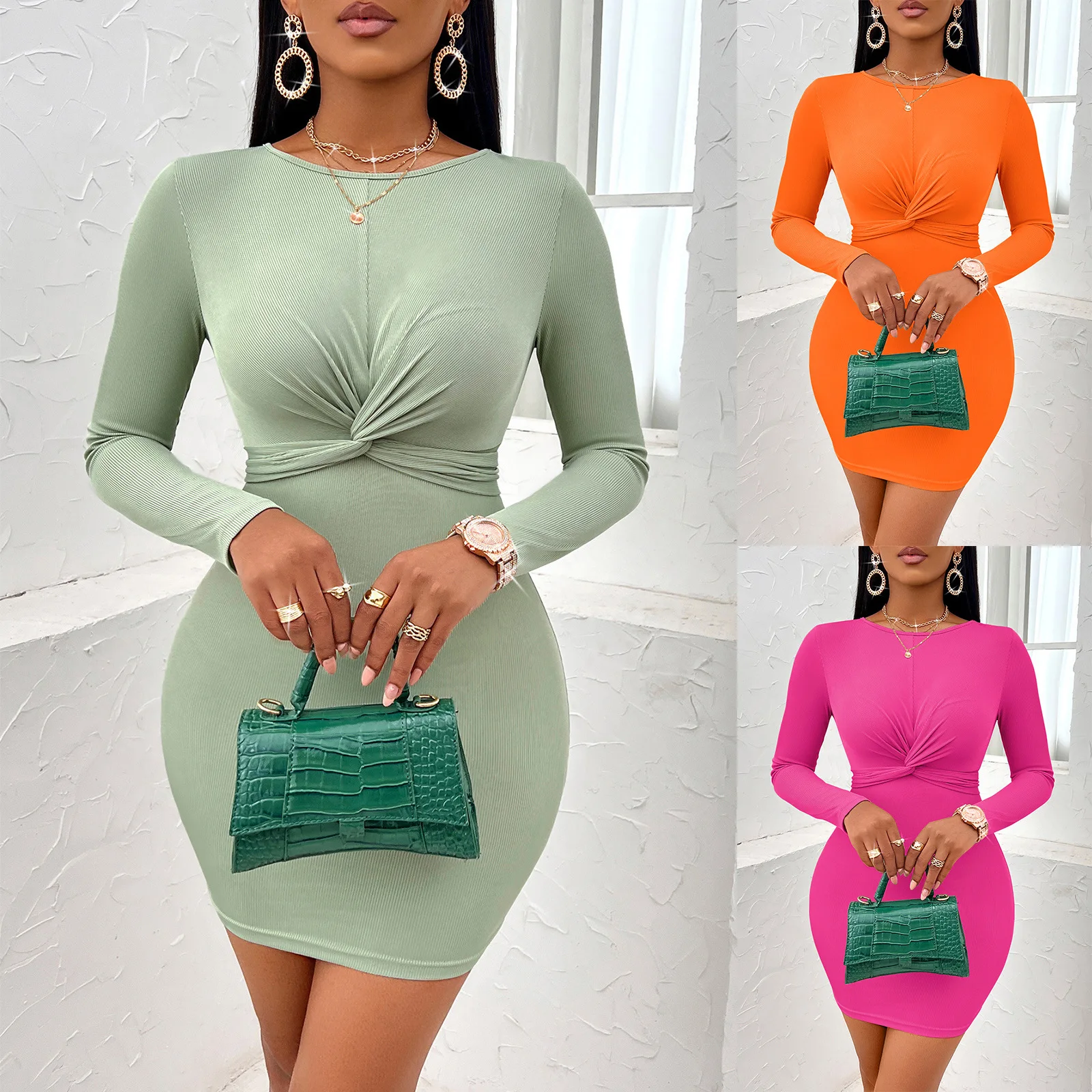 

Sexy casual solid color round neck twisted long sleeved dress