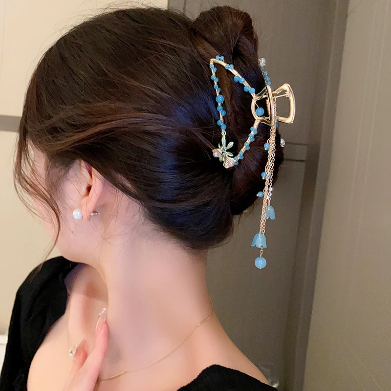Imitation Perle Blume Haar Krallen für Frauen bunte runde Perlen Glocke geometrische Hai Kralle Clip Haars pangen Haarschmuck – Detail 12