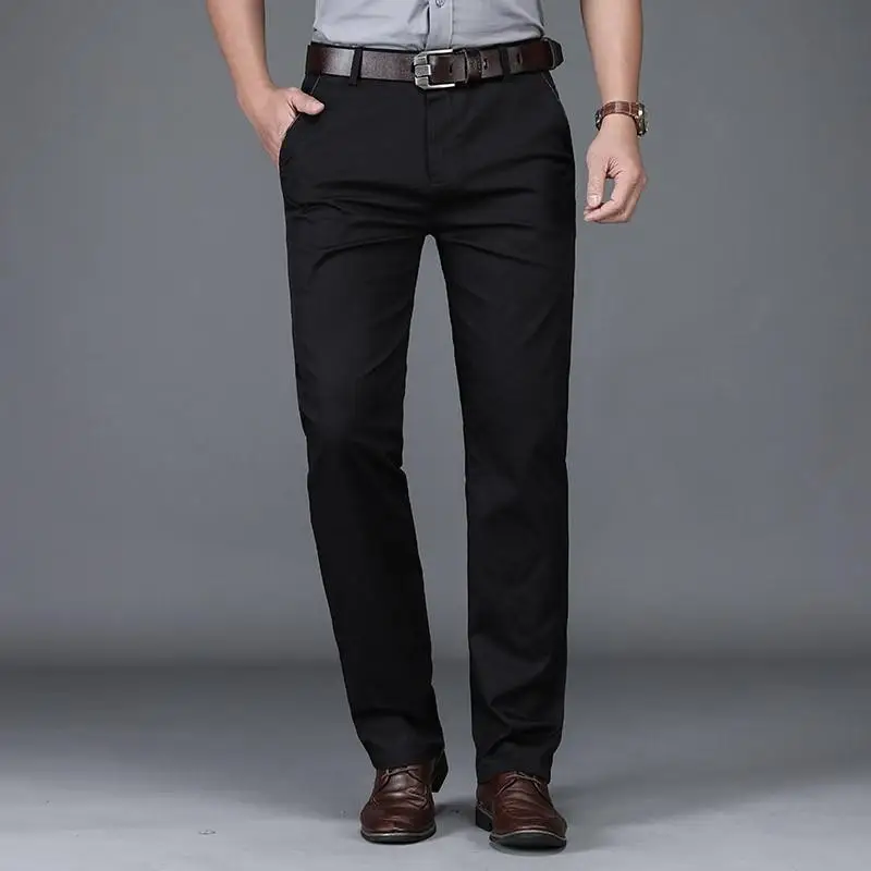 Plus Size 28-42 Men Pants Spring Summer Autumn Casual Cotton Slim Straight Long Business Suit Pants Chinos Slacks Black