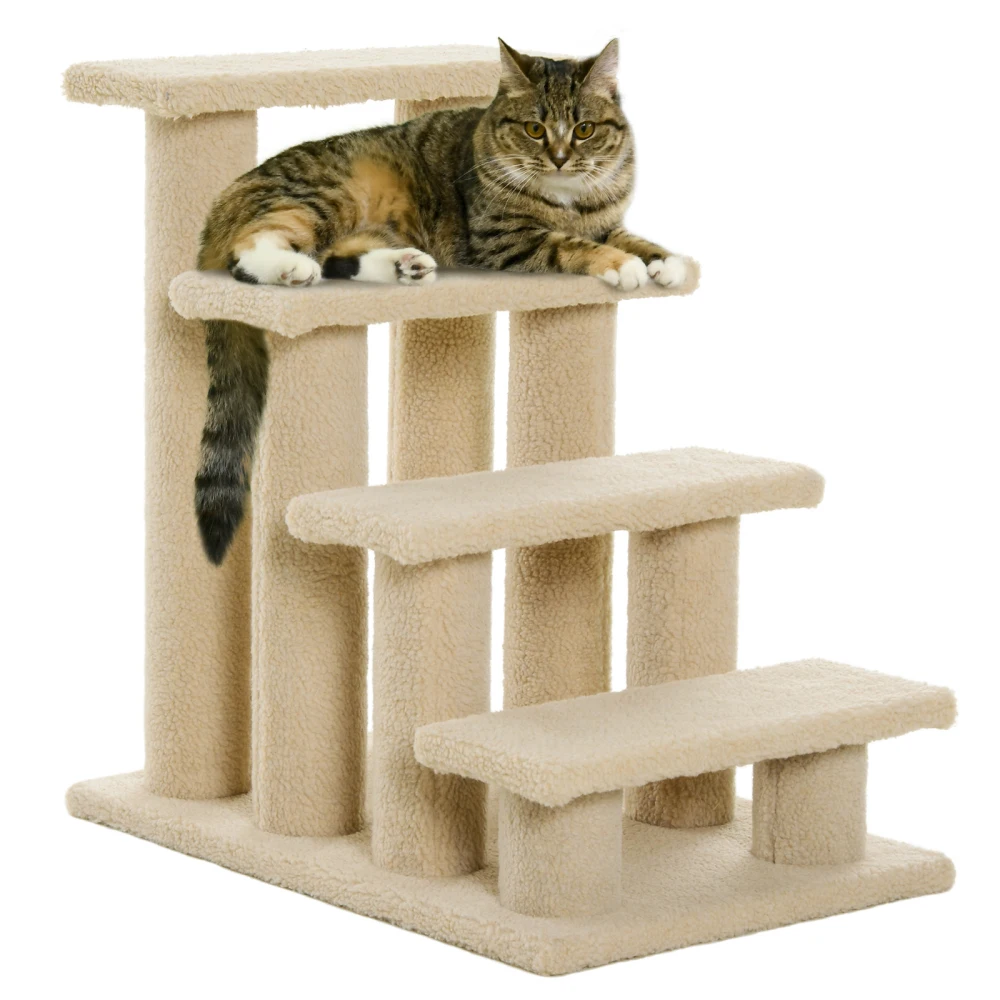 PawHut 25" 4-Step Multi-Level Carpeted Cat Scratching Post Pet Stairs Beige Large Cat Tree Kitten Apartment Scratch Able