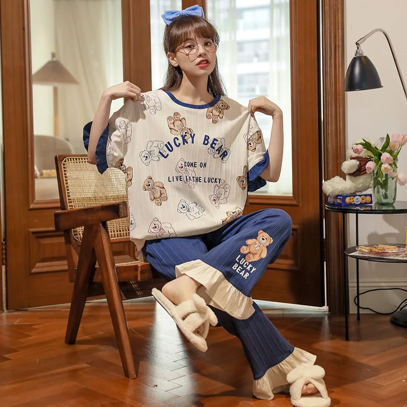 Summer 2022 New women's Korean Fashion Round Neck Pajamas Suit Plaid Trousers short sleeves Ladies Pijamas Loose Soft Homewear