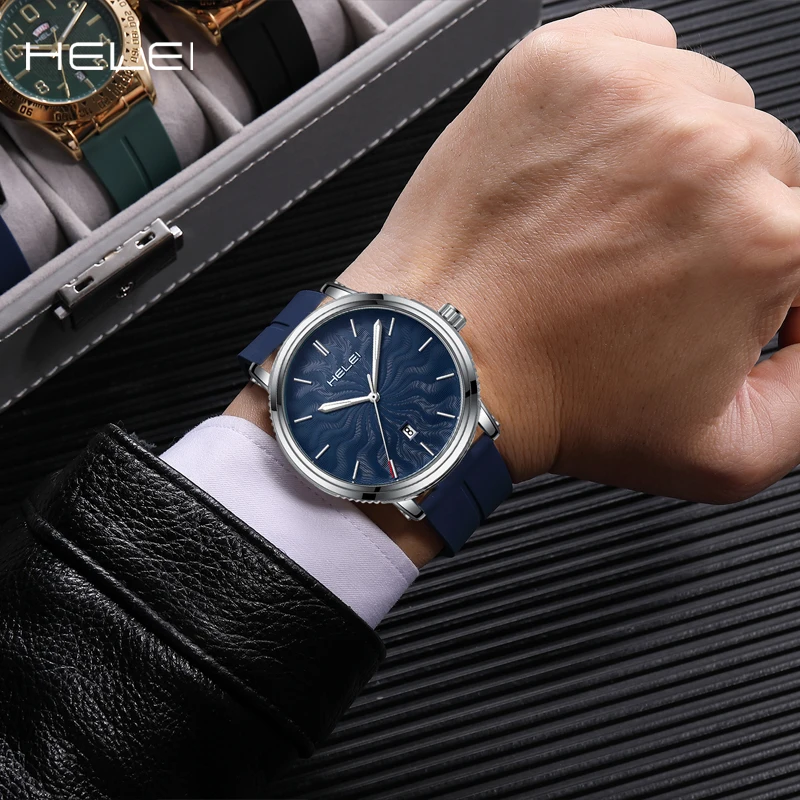 HELEI Men's Business Watch Light Luxury Silicone Strap Calendar Quartz Watch Men's Luxury Watches High Quality Men's Watches