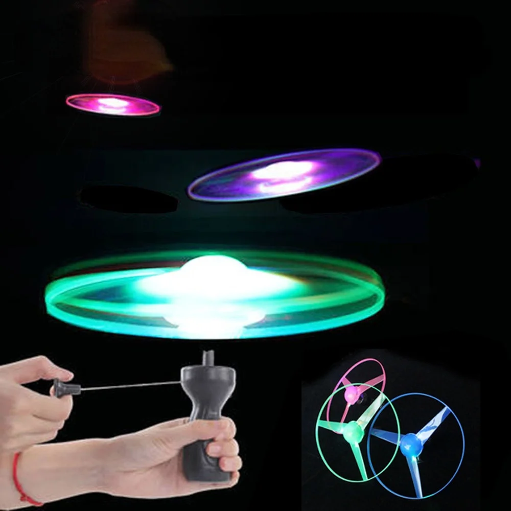 LED Lighting Flying Disc Propeller Helicopter Toys Pull String Flying Saucers UFO Spinning Top Kids Outdoor Toys Fun Game Sports 10pcs fun kids spinning top whistle gyro toys blowing rotation stress relief desktop spinning top toys kids gift