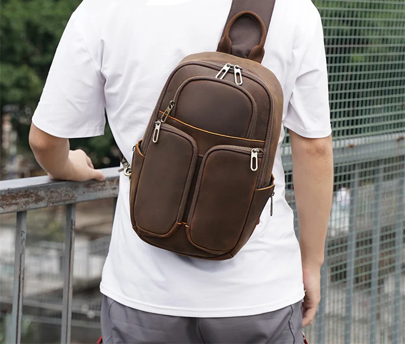 Crazy Horse Leather Business Shoulder Chest Bag