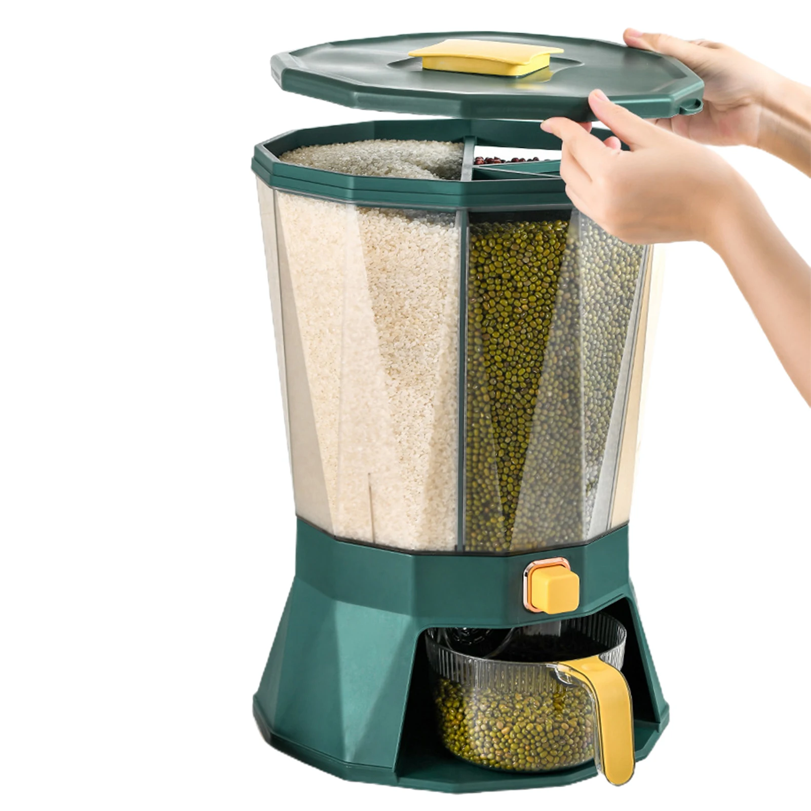 4 Grid Rice Dispenser Cereal Storage Container With Large Dry Food Container, Transparent 4 Compartments And Candy Rotating Base