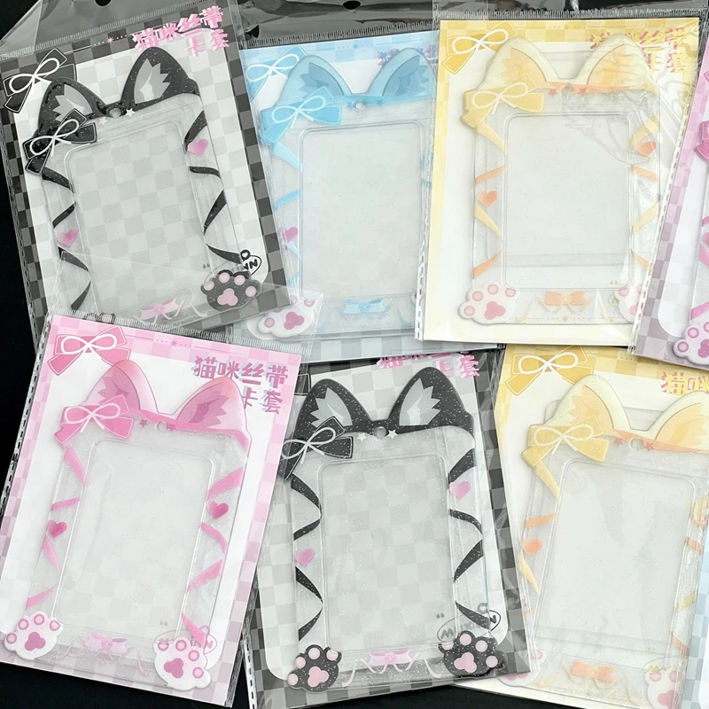 New Ins Cute Cat Ribbon PVC Photocard Holder Kpop Photo Card Holder Bag Pendant Korean Stationery Gifts 3