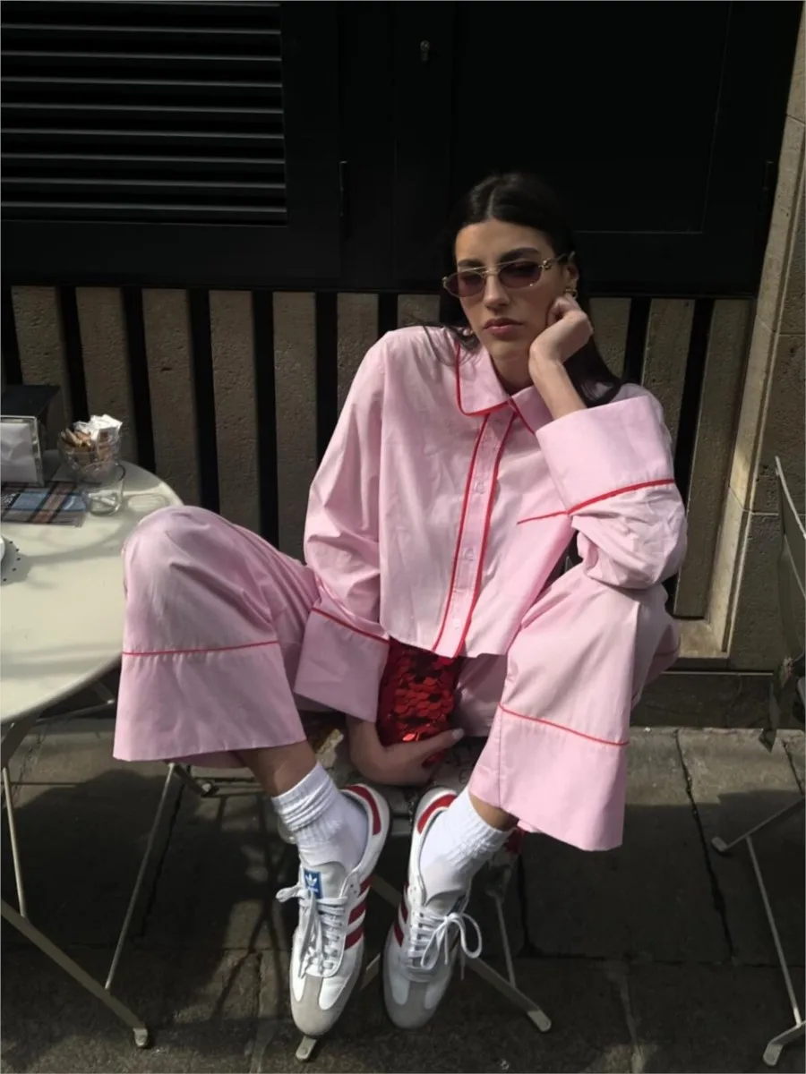 

Contrast Pink 2 Piece Set Women 2024 Summer New Long Sleeve Cropped Shirts+Elastic Waist Trouser Suits Casual Fashion Pants Sets