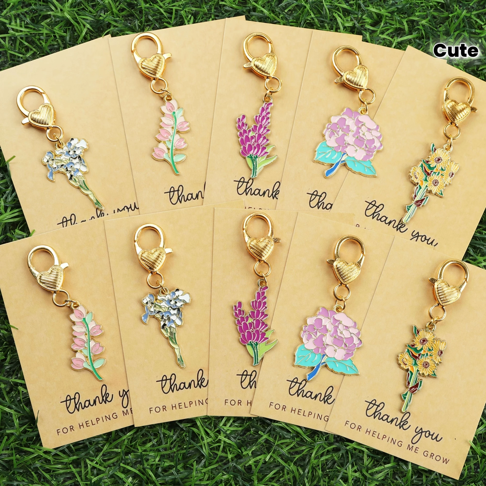 5/10-teiliges Blumenstrauß-Schlüsselanhänger-Set mit Dankeskarte, Kirschblüten-Pfingstrosen-Sonnenblumen-Design, kreatives Geschenk für Paare zum Geburtstag