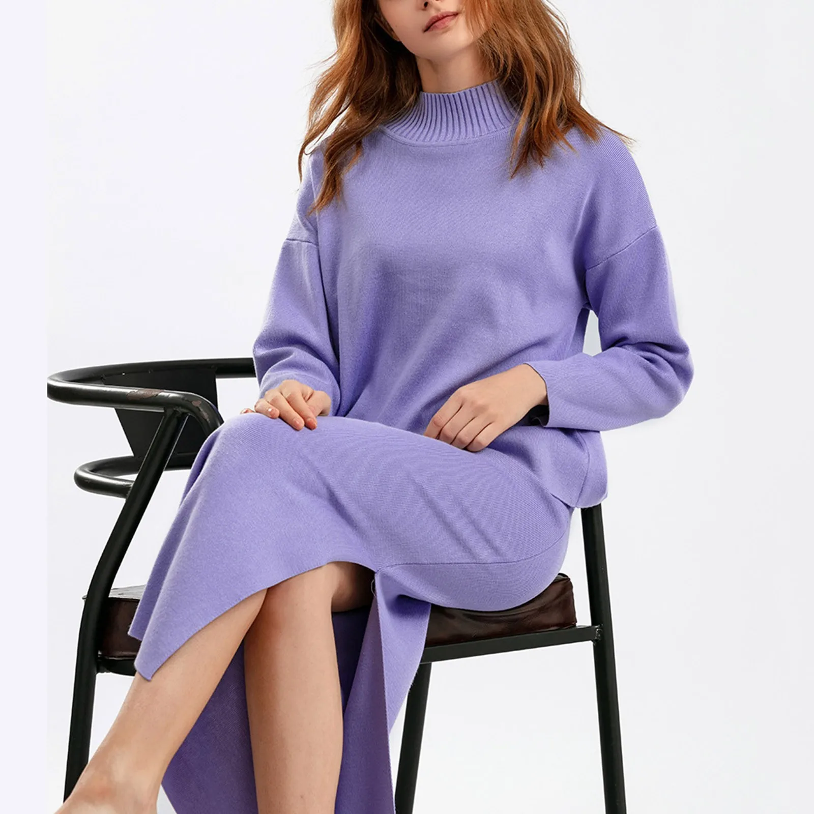 Women's 2 Piece Outfits Fall And Winter Long Sleeve Tops High Slit Bodycon Midi Skirt Outfit Two Piece Women Dress Suit Set 2024