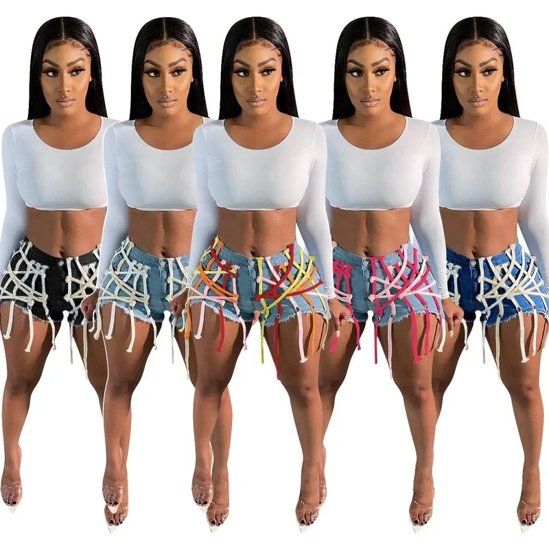 Fashion Girls Denim  Shorts Summer 2024 New Hottest Zipper Hollow Out Bandage String Tassels High Waist Casual Jeans Streetwear