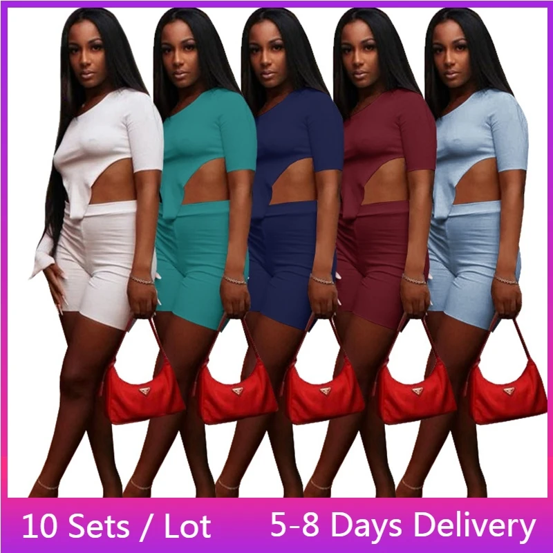 

Wholesale Items Casual Two Piece Set Women Clothes Biker Shorts and Slim Crop Top Set Summer Solid Bodycon Tracksuit Women Sets