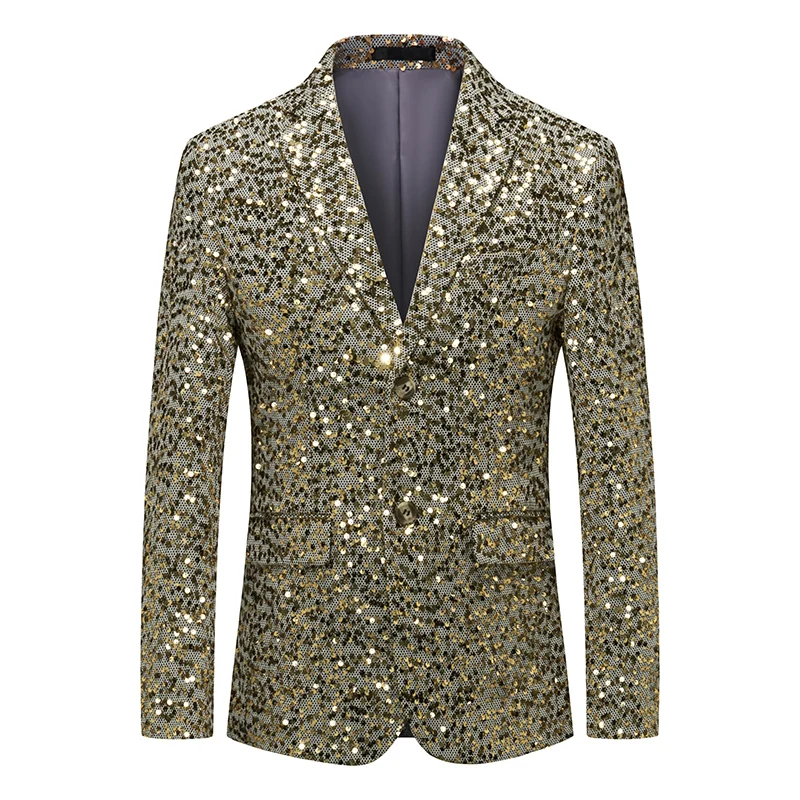 

2022 Hot Men Gold Sequin Glitter Embellished Blazers Night Club Suit Jacket Wedding Party Suit Coat Stage Singers Clothing 6XL