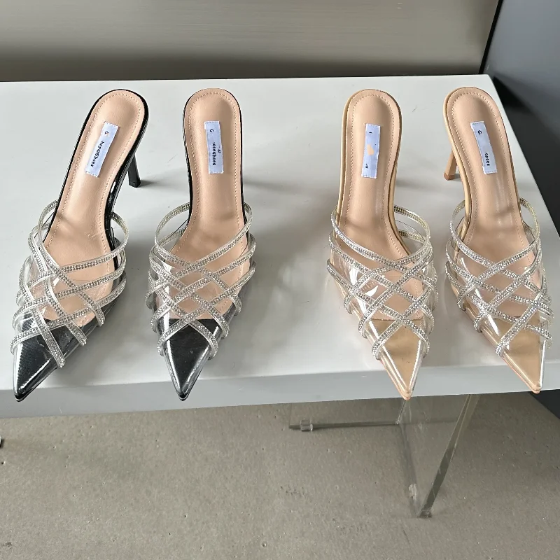 

New Spring and Summer Women's High-heeled Sandals, Pointed Toe, Fashionable Rhinestone Stiletto Heels, Outer Wear Sandals