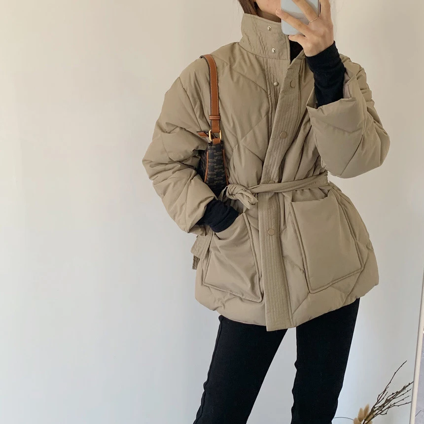 Winter Stand-up Collar Cotton Jacket Women Single-breasted Long-sleeved Solid Belt Thick Coat Korean Fashion Pocket Outerwear