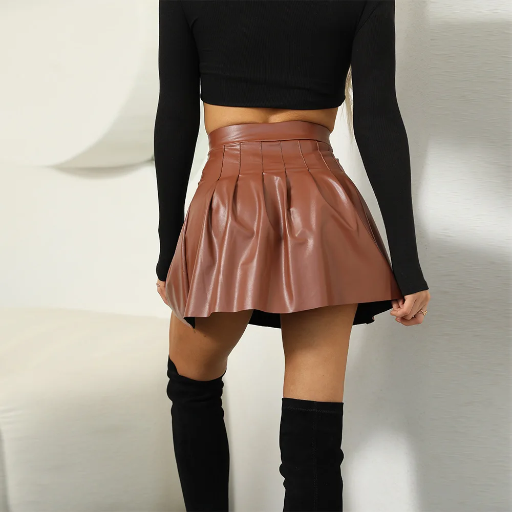 Faux PU Leather High Waist Elastic Skirt for Women