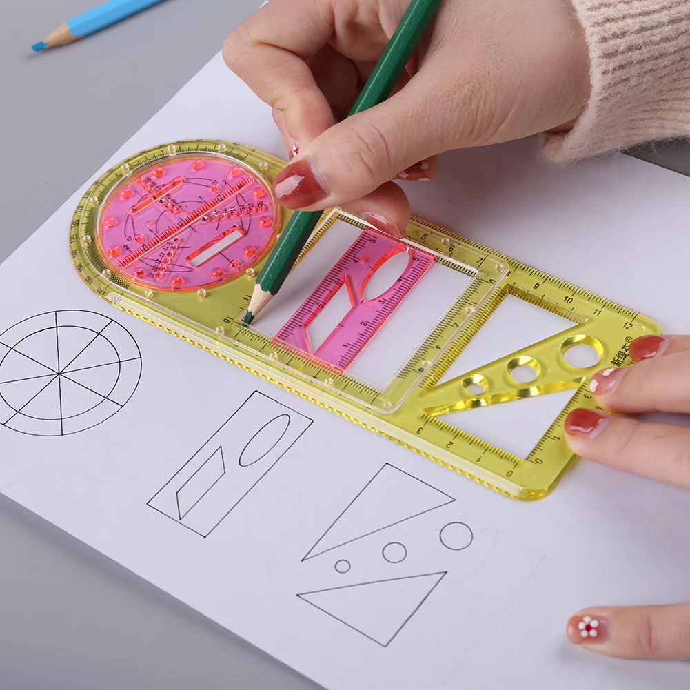 다기능 기하학 자, 기하학적 도면 템플릿, 회전 가능한 입체 기하학 타원형 제도용 눈금자, 측정 도구