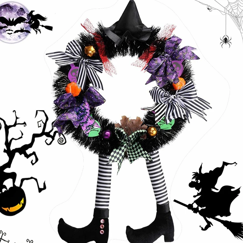 

1 Piece 25.6 X 13.7Inch Door Wreaths Witch Decor With Hat Legs Pumpkin For Front Door