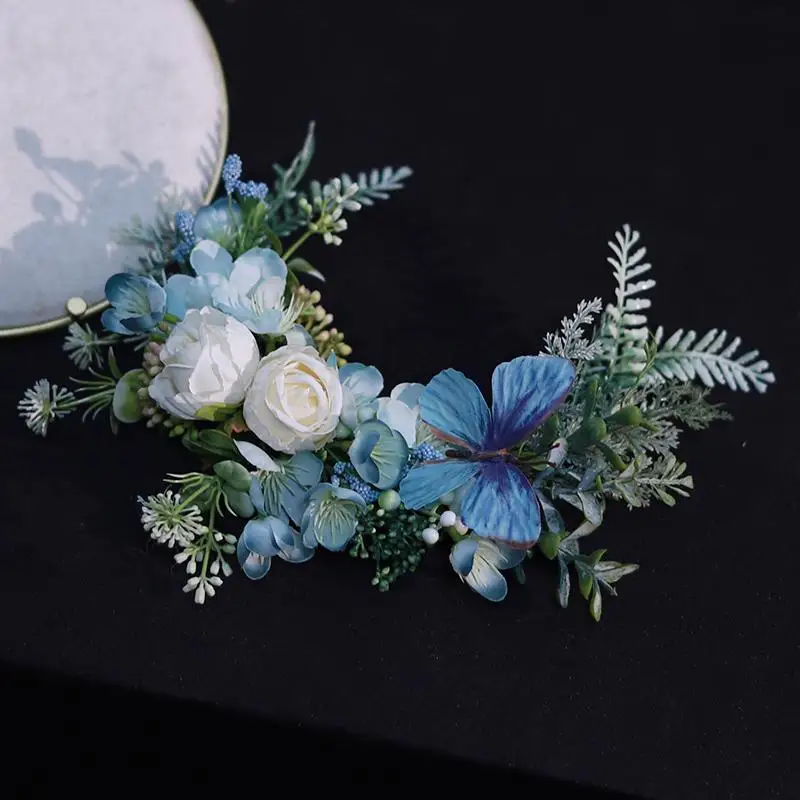 Mori simple location bridal headdress blue silk flower Chinese classical wedding hair accessories seaside vacation
