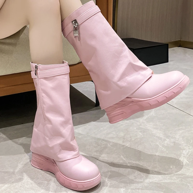 

Женские ботинки на платформе, однотонные непромокаемые ботинки средней длины, с круглым носком, на толстой подошве, для зимы, 2023