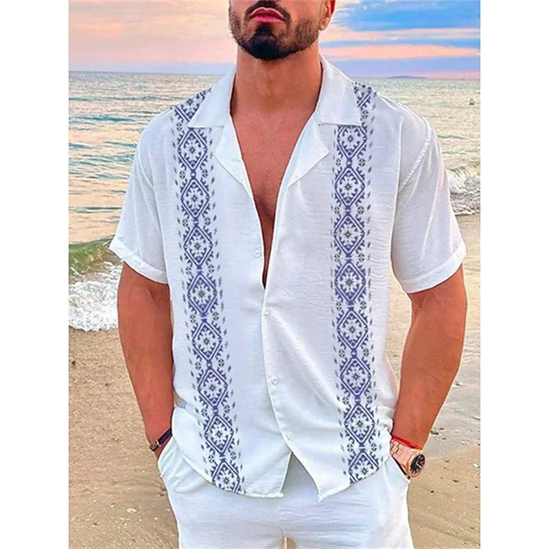 Fashion new men's shirt Hawaiian shirt geometric print Cuba collar white Hawaiian short sleeve plus size high quality coat top