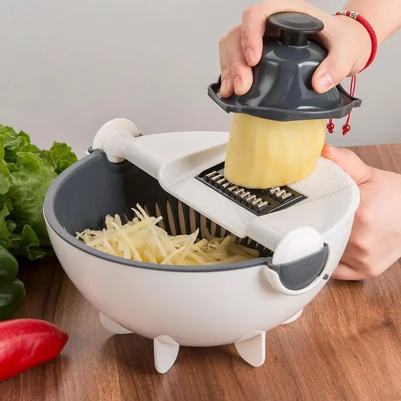 Multi Manual Slicer Rotate Vegetable Cutter With Drain Basket  Multi-function Kitchen Veggie Shredder Grater Slicer Free Peeler