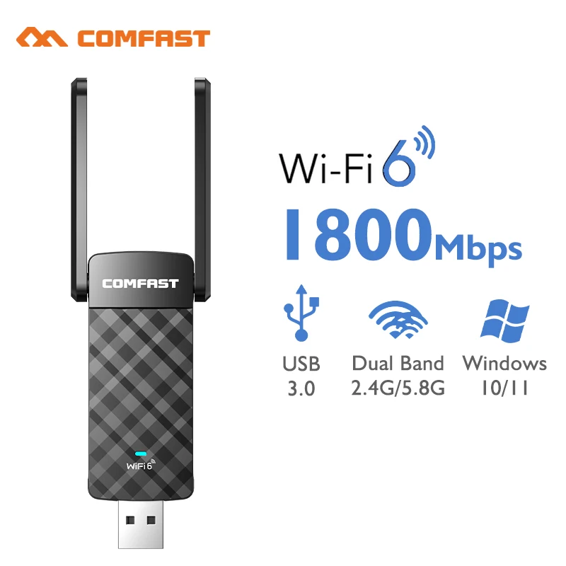 Adaptateur USB Wifi, Adaptateur USB WiFi 6 Cryptage WPA3 2.4 5.8G Double  Bande 1800Mbps Avec 2 Antennes 2dBi Pour Ordinateur 