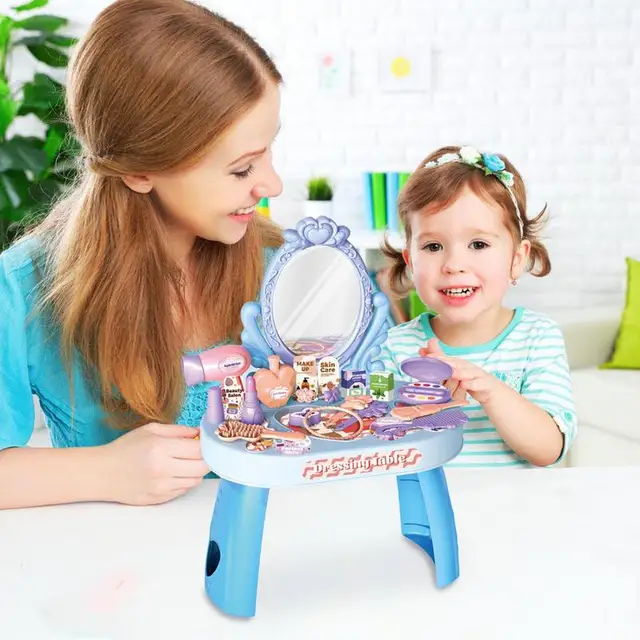 Kids Pretend Play Vanity Toys Dressing Table With Mirror Makeup Set