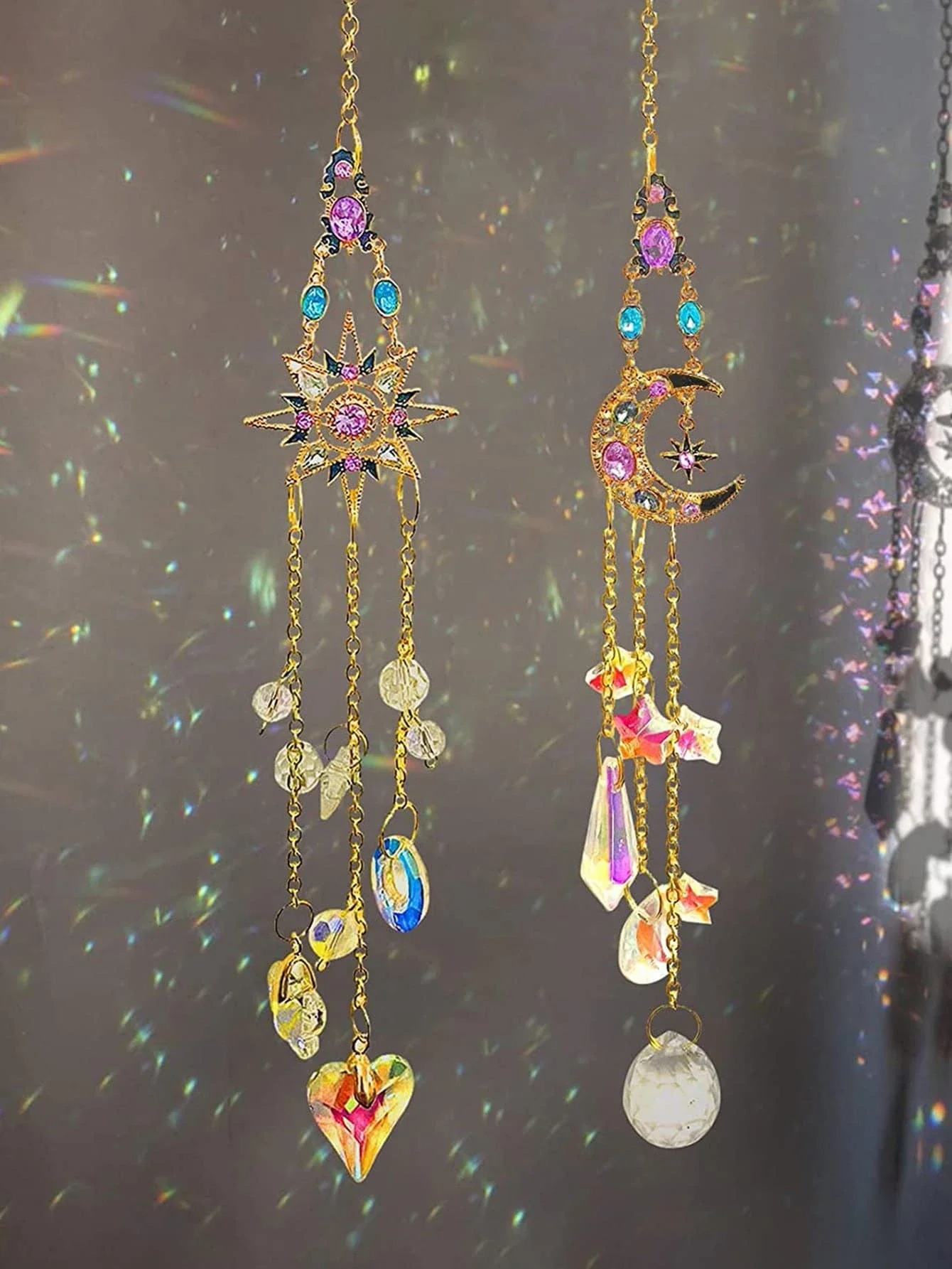 Suncatcher Crystal Moon Sun Chakra Stained Glass Rainbow Maker Hanging Decoration for Garden Outdoor Home