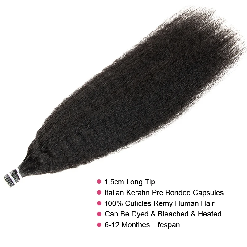 Kinky Straight I Tip Human Hair Extensions Cuticles Remy Micro Link With Free Beads 1.5cm 12