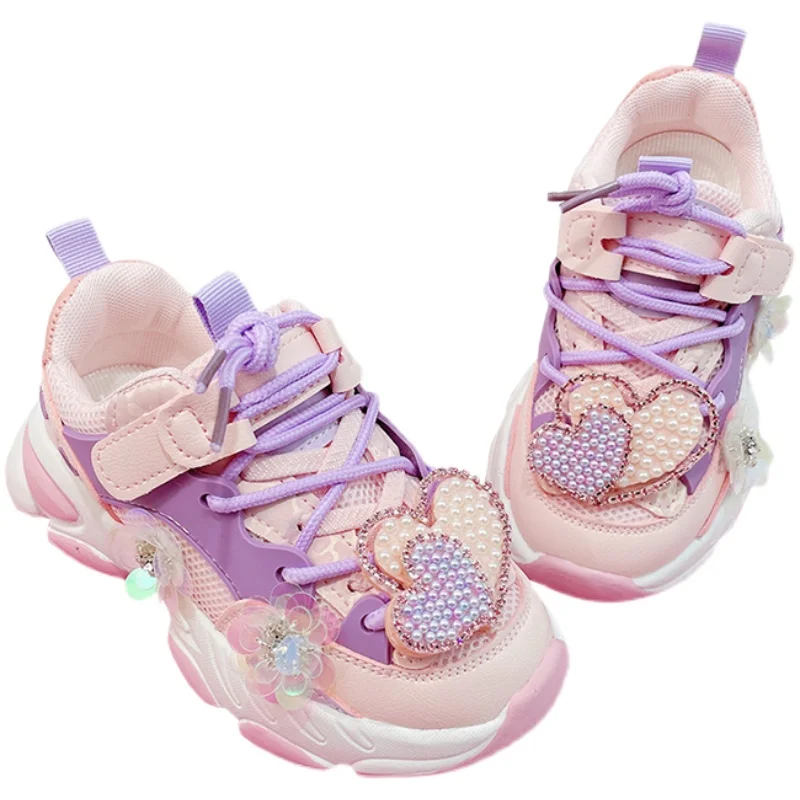 2023 New Girl's Daddy Chunky Sneakers Children's Baby Mesh Breathable Kids Shoes Sequin Floral Toddler Girl Sports Flats Shoes