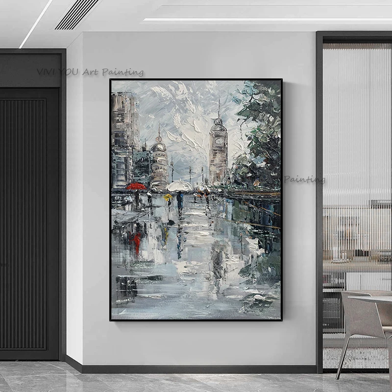 

Handpainted City Landscape Oil Painting Rain Day Street Scene Painting Modern City Wall Art Home Decor For Living Room Office