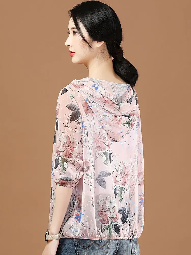 

HCXR Women Jackets 2023 Summer Floral Print Chiffon Lace Thin Jacket Hooded Long Sleeve Sun Protection Outwear