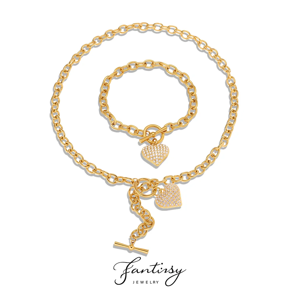2262977-1ce42f.jpg Sf65f8b92a022452685225686176f3507f 316 Stainless Steel Zircon Heart Pendant Necklace Women Luxury 18K Gold-Plated Chunky Chain Bracelet Waterproof Jewelry Set Mallzona