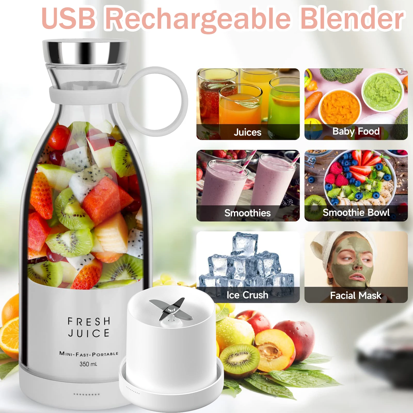 Portable Blender,USB Rechargeable Fruit Mixer Machine,Soy Milk Maker,Summer Juicer for Ice Cream Milkshake Smoothie,Drinkware