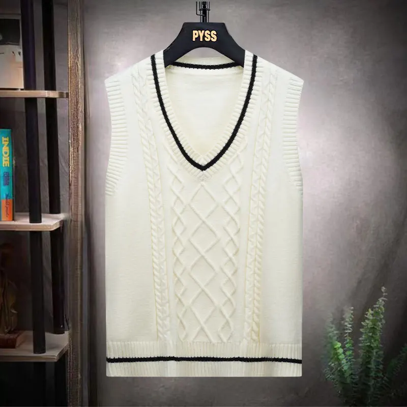 Korean Fashion New Autumn Winter Men V-Neck Backless Contrast Color Casual Single Breasted Sleeveless Loose Sweater Vest Tops