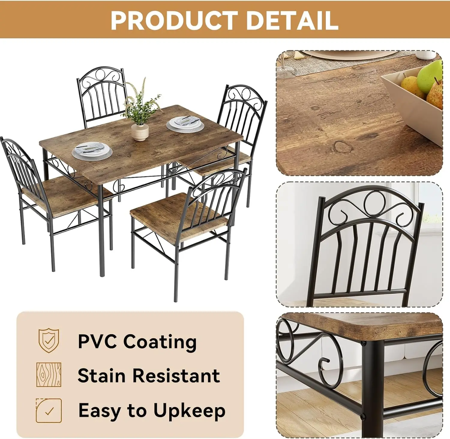 Dining Table Set of 4, Retro Industrial Dining & Chairs, Wood Chairs Set ,1 Table + 4 Chairs (Rustic Brown)