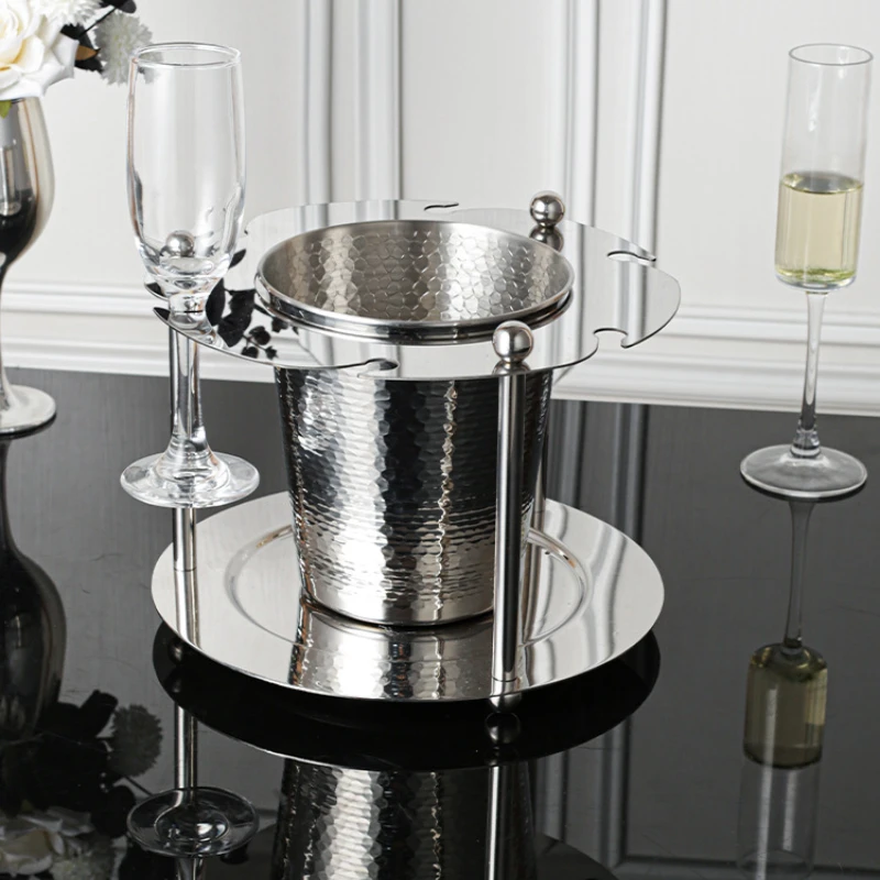 Stainless Steel Luxury Wine Glass and Ice Bucket Set, One-Piece Stand for Red Wine and Champagne, Elegant Home Bar Decor