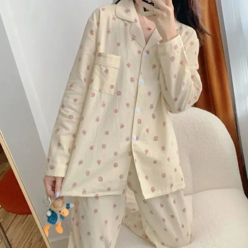 

Ins Sweet Peach Pajamas Women Two Pieces Turn-down Collar Long Sleeve Autumn Lovely Homewear Students Preppy Tender New Korean